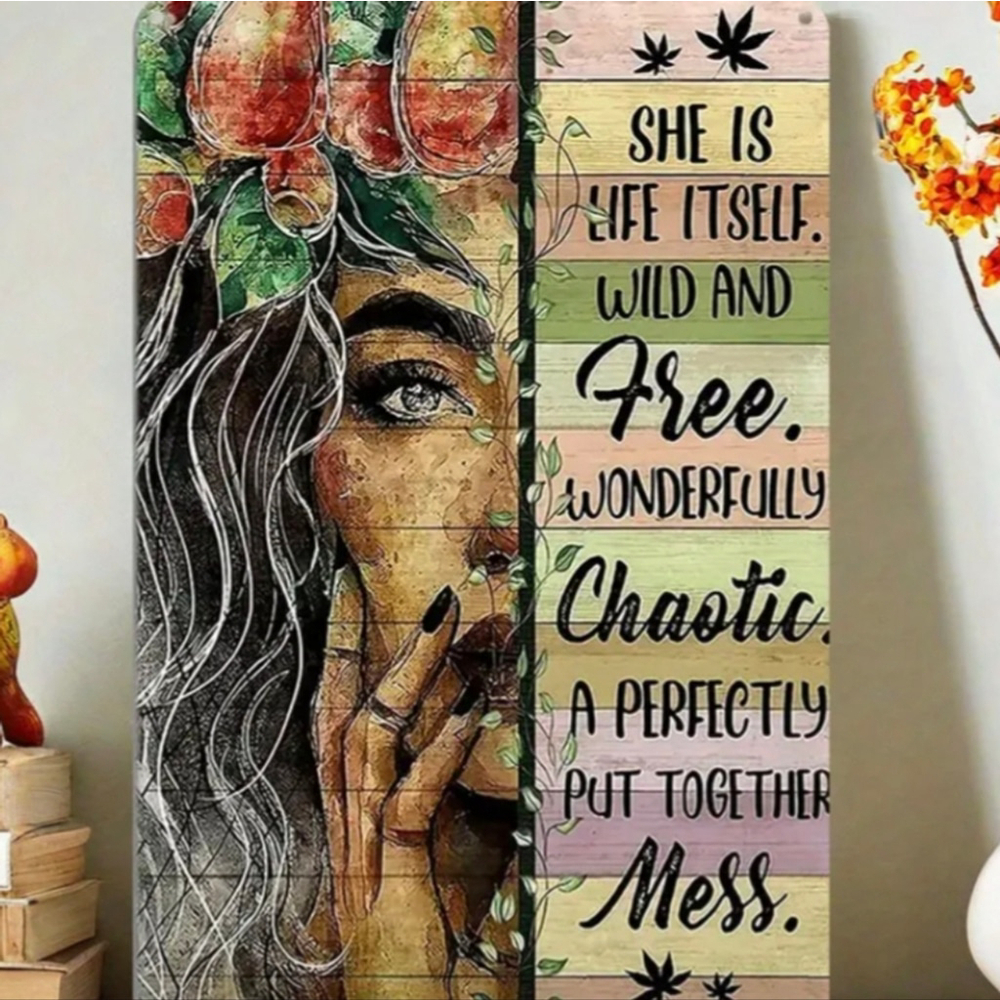 Retro Girl Metal Sign "Perfectly Chaotic" Vintage Style Bohemian wall sign decor - Picture 3 of 6